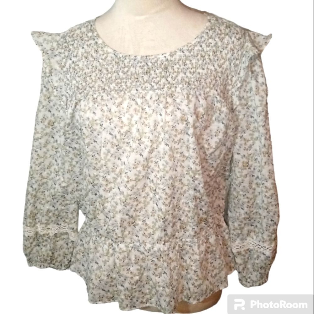 Lauren Conrad Boho Prairie Chic Peplum Peasant Blouse Size L 100 % Cotton